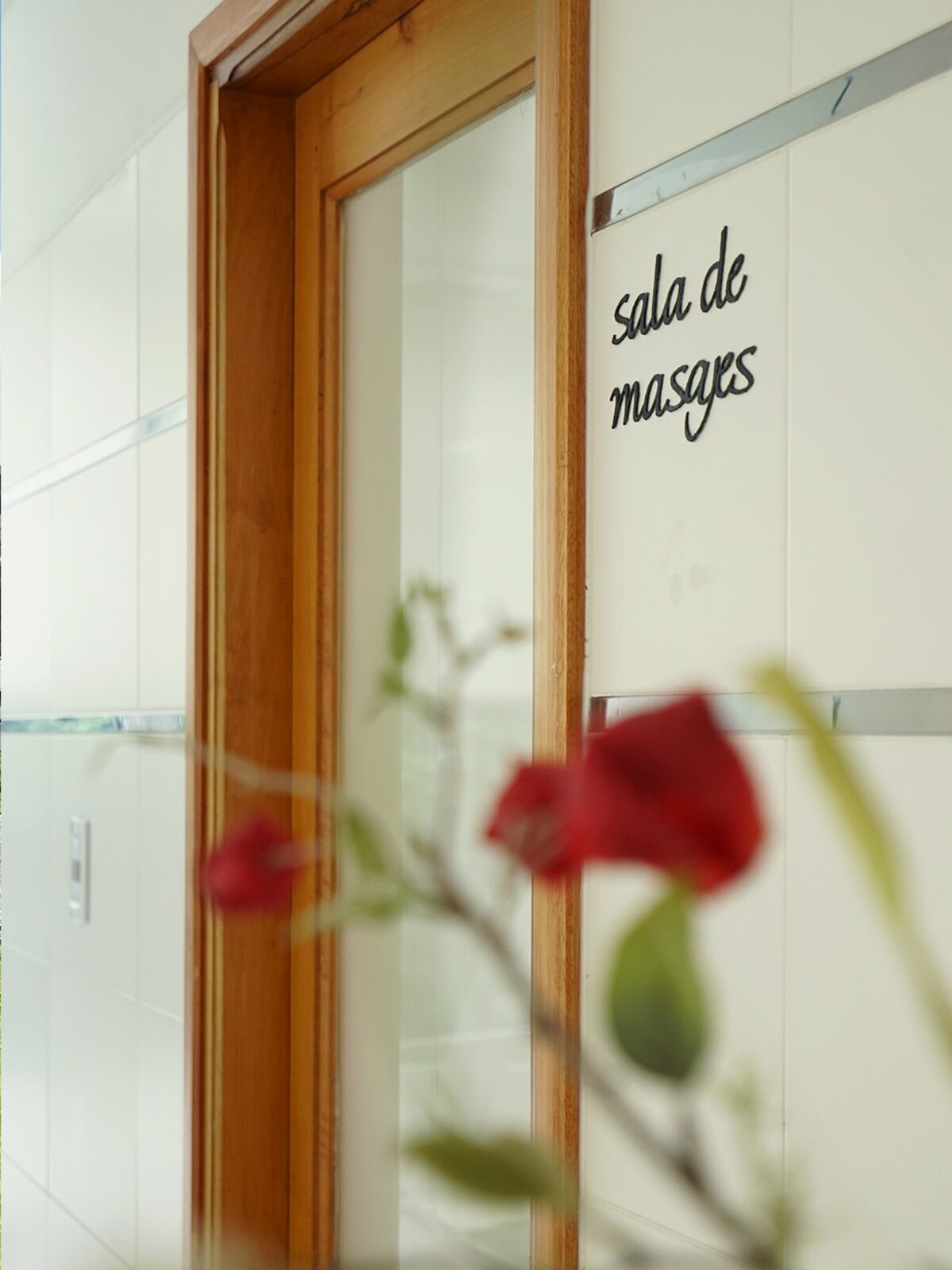 Wood and glass door with a massage room sign and a red flower in the foreground