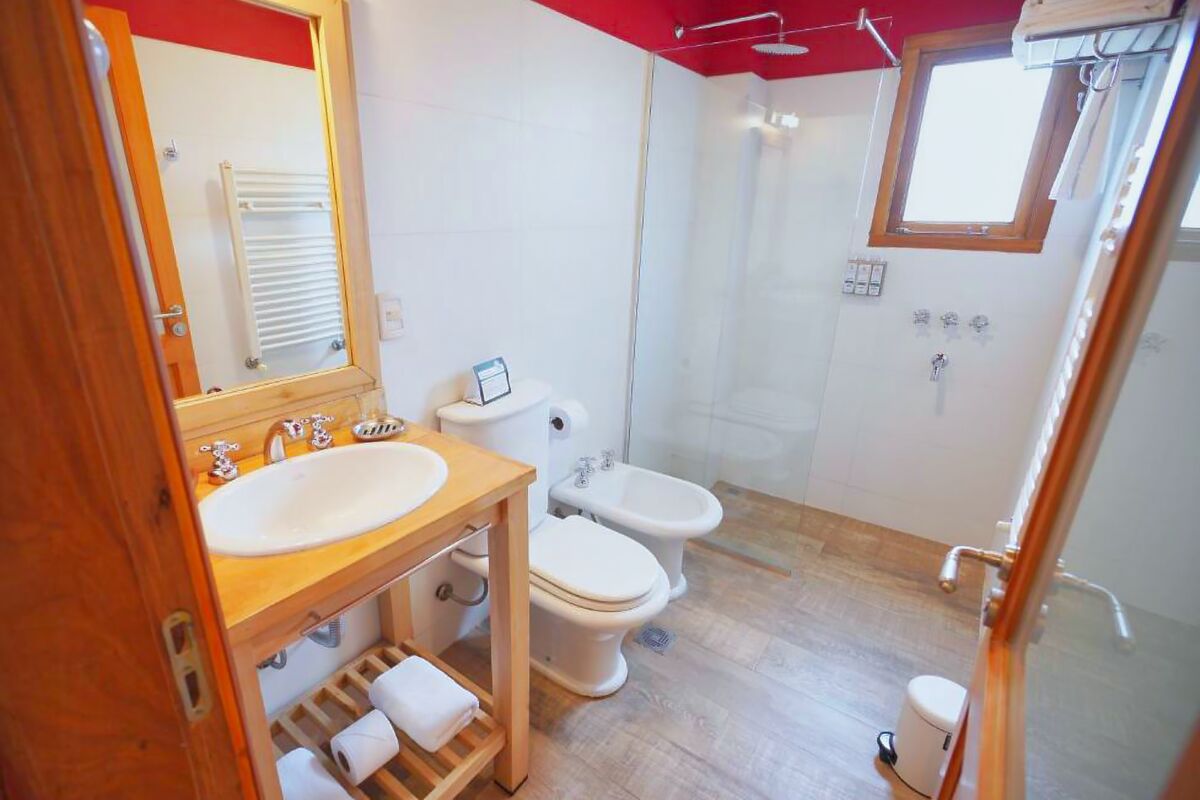 Bathroom with a glass shower, toilet, bidet and a sink on a wooden vanity