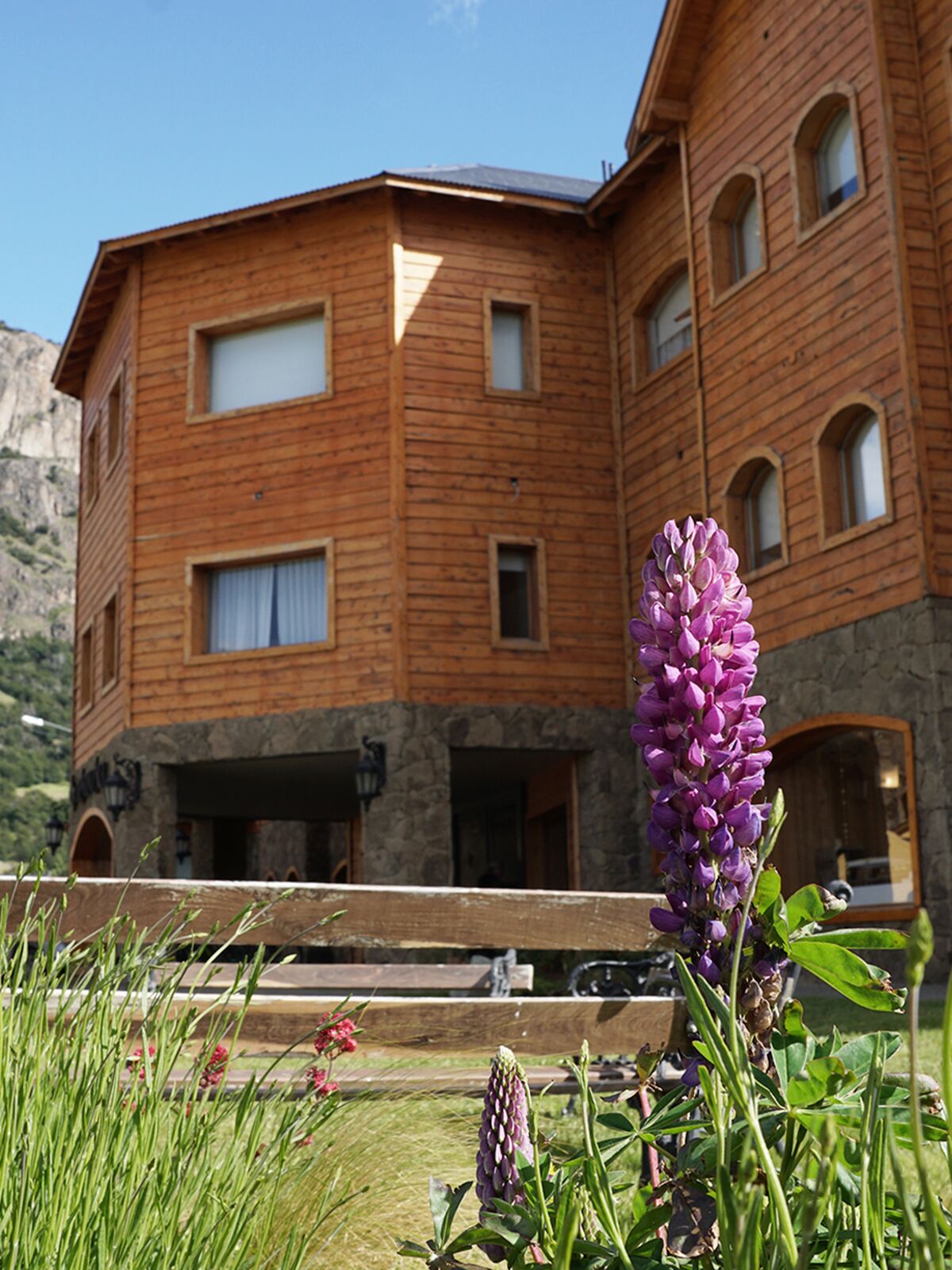 Wood and stone hotel front with purple lupins in the foreground