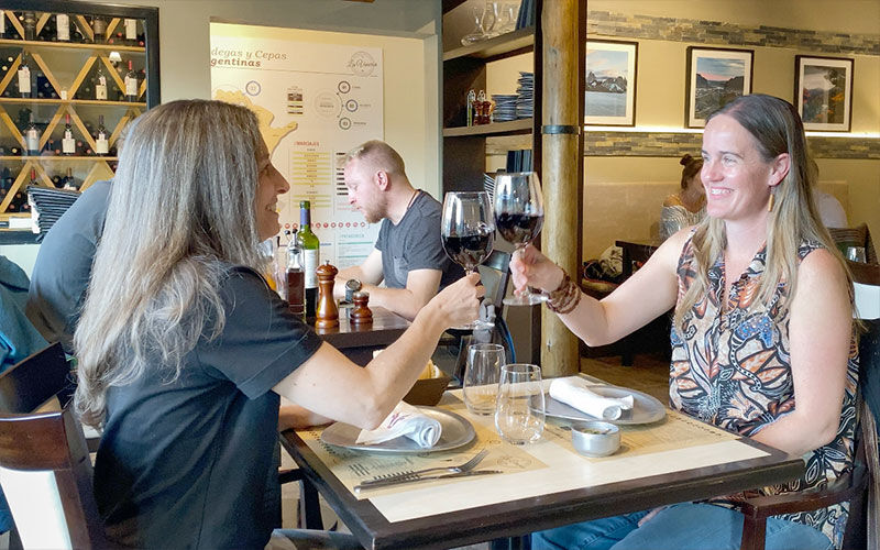 Dos amigas brindando con vino tinto en una mesa del salón
